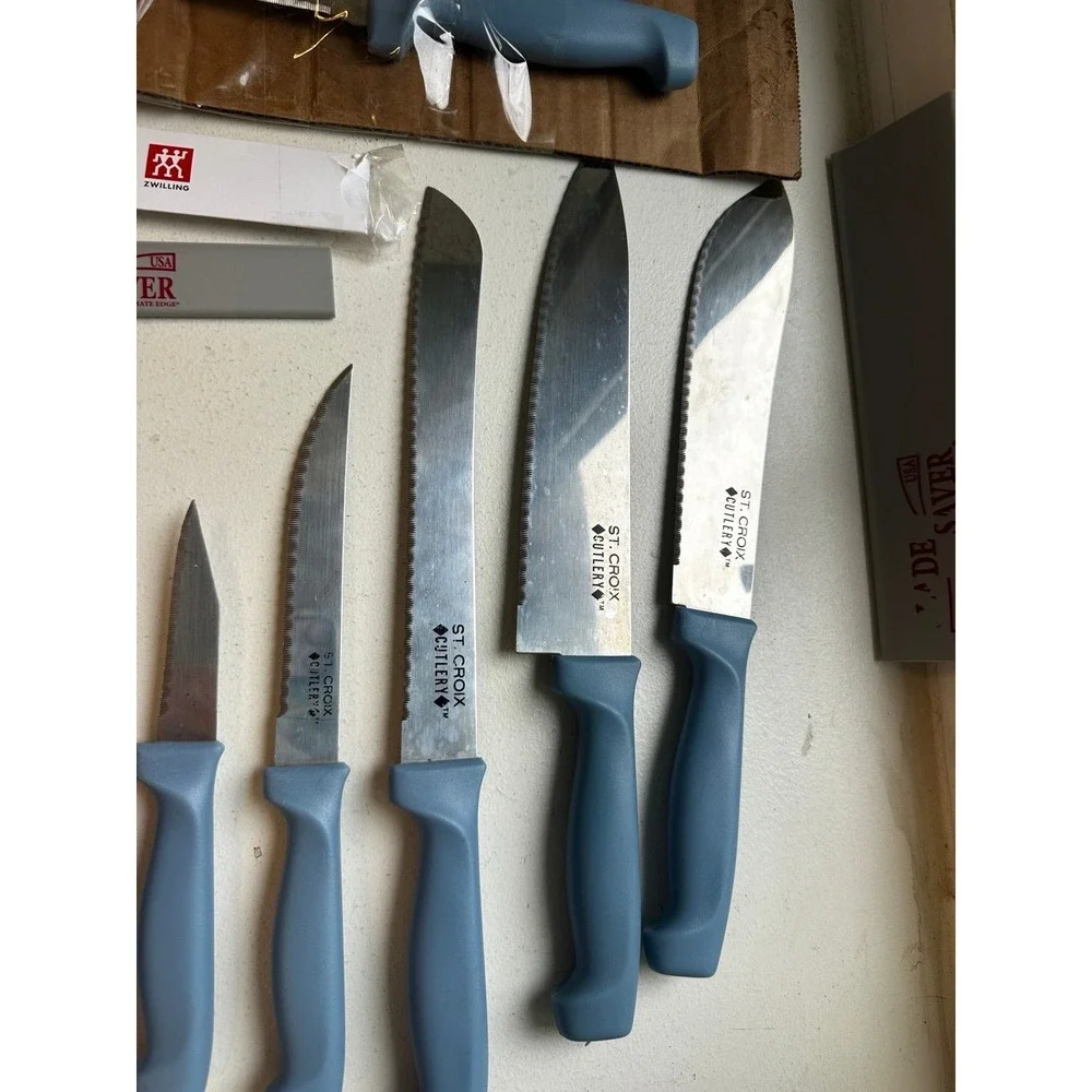 Set of 7 vintage St. Croix Cutlery kitchen knives knife blue handles